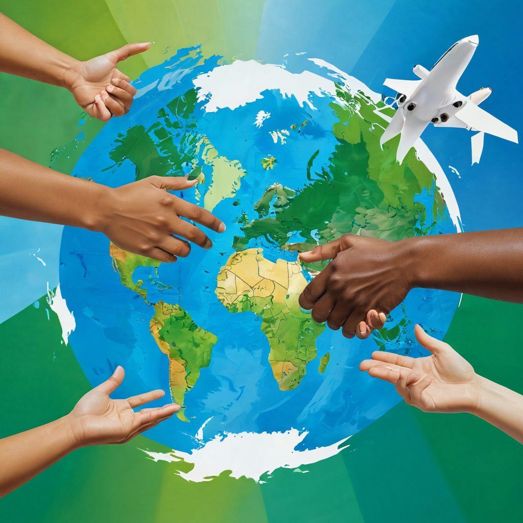 An artistic depiction of two diverse hands shaking over a global map, symbolizing unity and cooperation in international relations. Surrounding the hands are iconic landmarks from various countries, representing cultural diversity and collaboration. The background features a blue sky merging with a green landscape, illustrating peace and harmony between nations. The overall color palette should convey warmth and optimism. vibrant colors. super-realistic. world map.