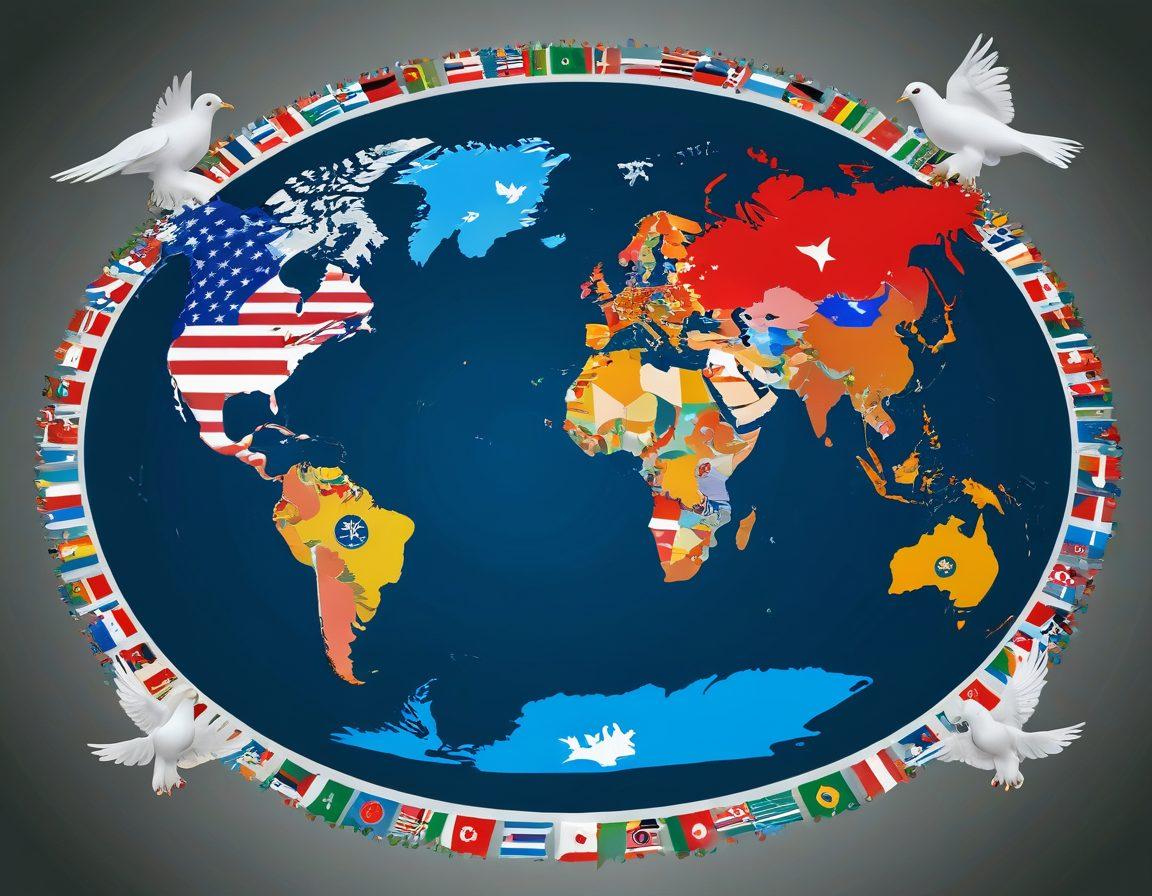 A world map overlaid with diplomatic symbols like flags, olive branches, and doves. Illustrate diverse representatives engaged in discussion around a round table to symbolize international relations. The atmosphere should be dynamic, with contrasting colors to signify tension and cooperation. Include iconic landmarks from different countries in the background. super-realistic. vibrant colors. 3D.