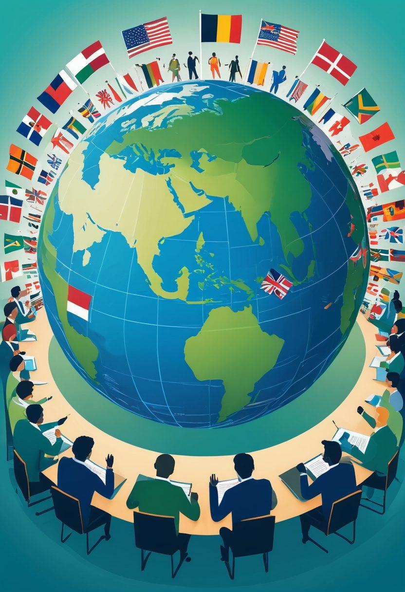 A globe surrounded by diverse international flags, symbolizing global agreements. In the foreground, a group of people from various cultures discussing over a large document titled 'International Agreements'. Background features iconic landmarks like the UN building and various national monuments. Soft blue and green tones to convey unity and peace. vector art. vibrant colors.